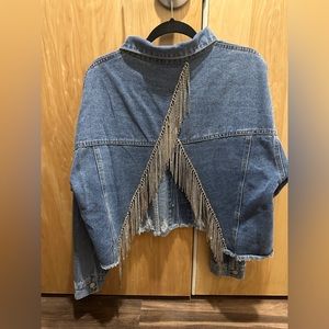 Blue B Split Rhinestone Fringe Denim Jacket Size Large